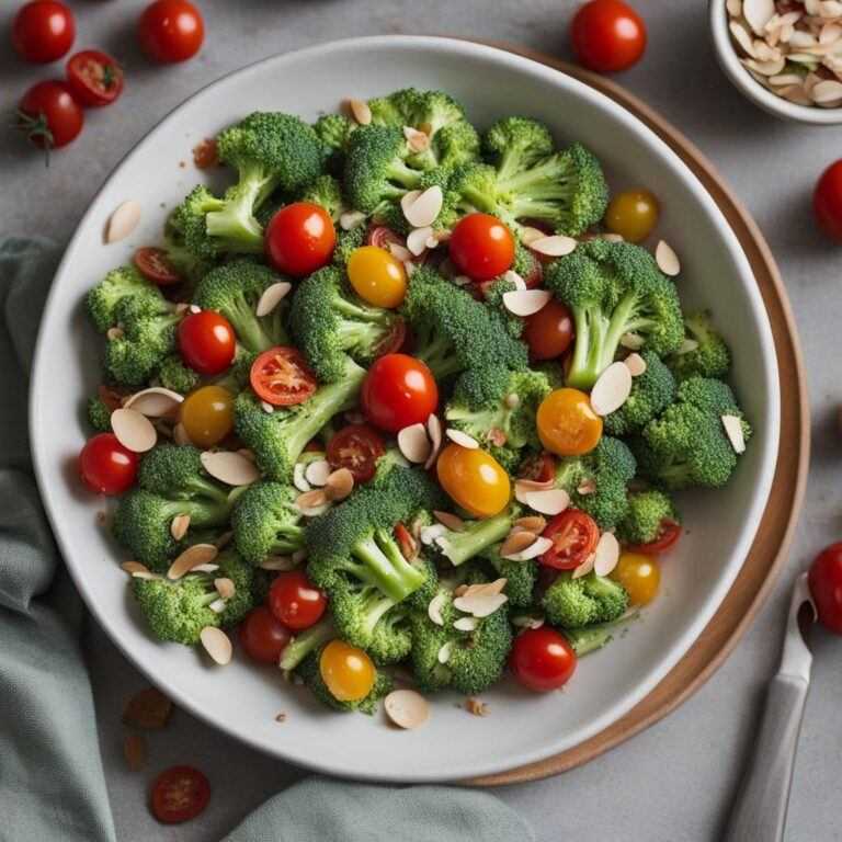 Brokolicový šalát s cherry paradajkami a mandľovými lupienkami