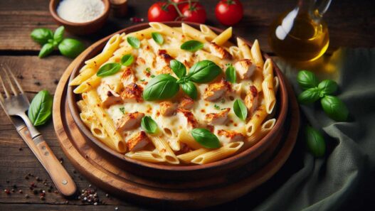 Zapekané penne cestoviny s kuracím mäsom